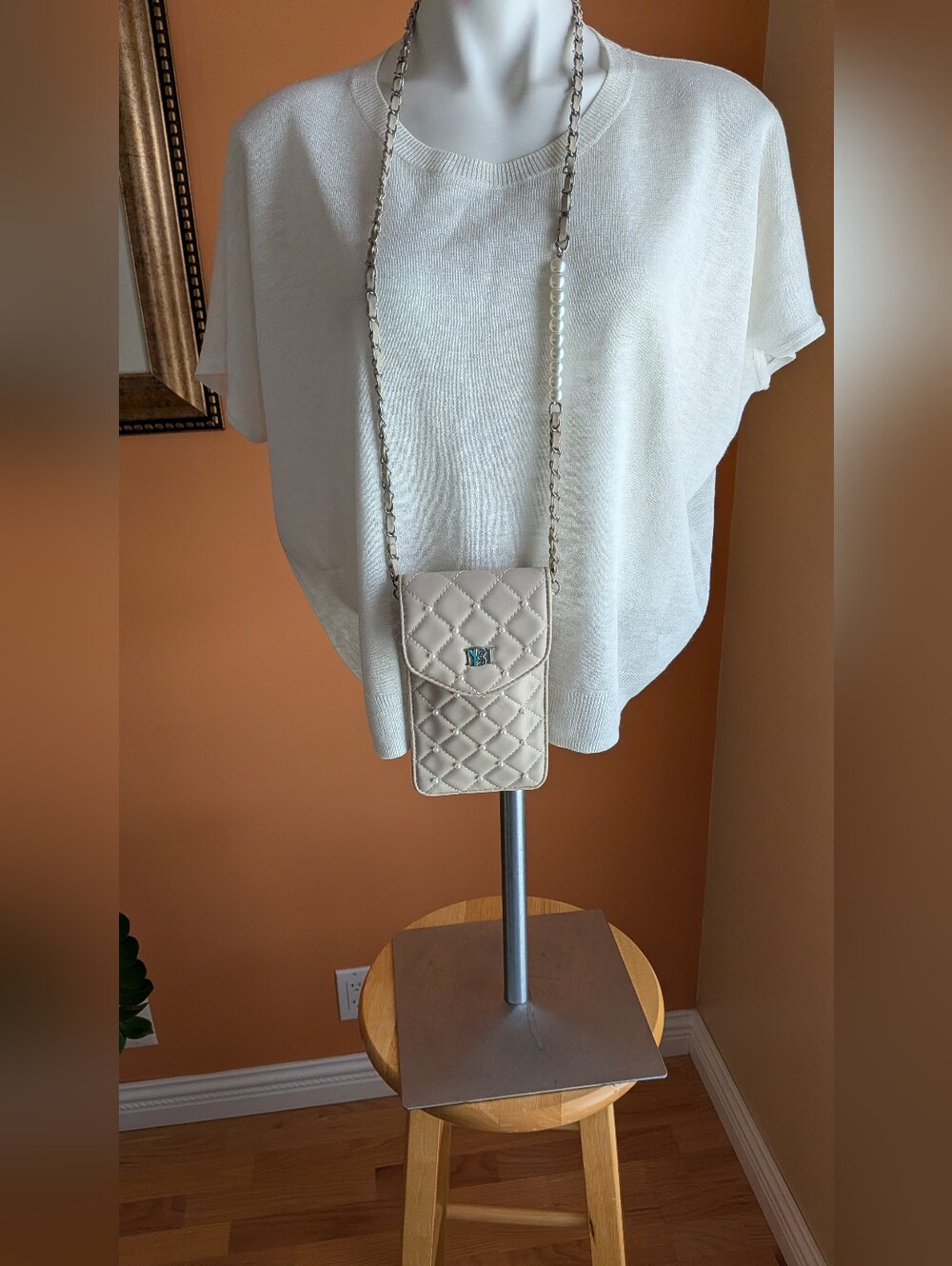 Badgley Mishka Quilted Beige Crossbody Phone Bag with Chain Strap